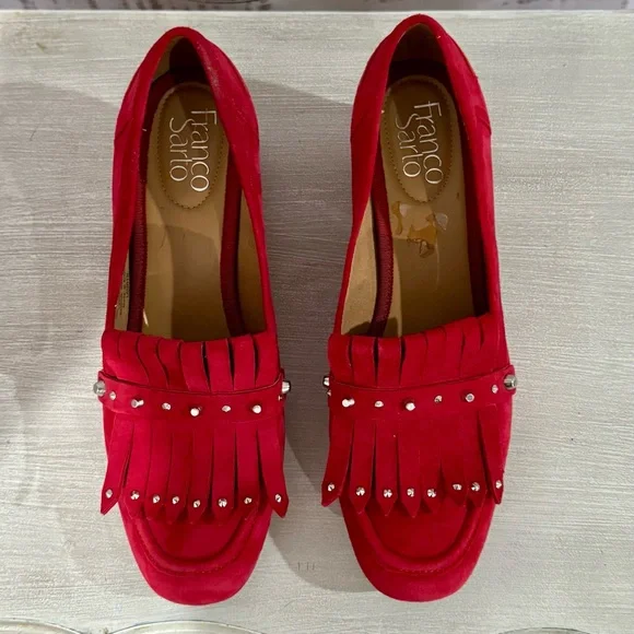 Franco Sarto Red Suede Women's Heeled Loafers - Picture 3 of 8